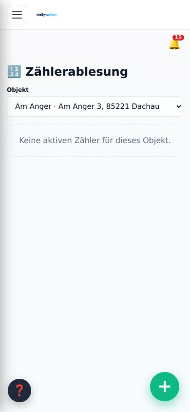 Hausmeister-App: Objekt wählen, Stromzähler ablesen, Stand 21.360 kWh eintragen und speichern – die Liste zeigt den neuen Stand mit Datum
